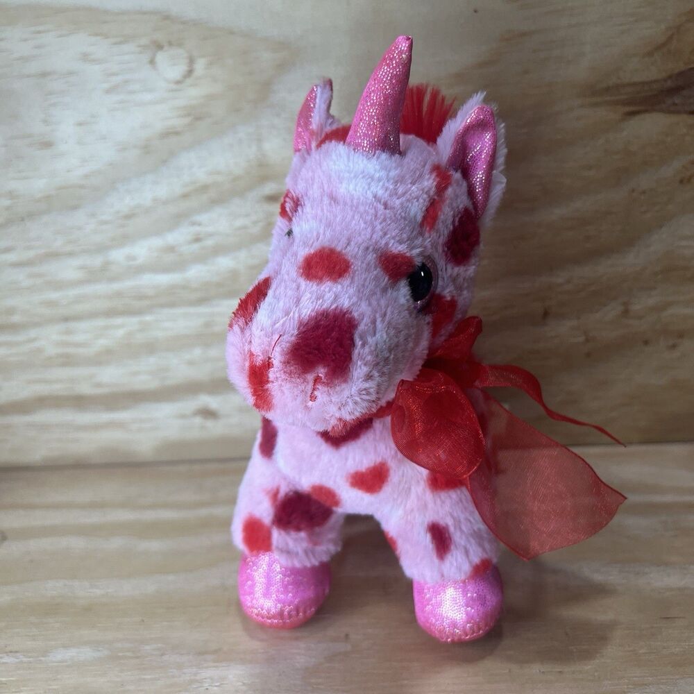 Valentine's Day Pink Unicorn Plush Red Heart Print Stuffed Animal 7.7" Toy
